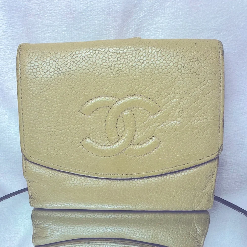 Chanel Bifold Wallet 6-Series Beige Caviar Vintage Authentic W Card Rare 2000s - Picture 8 of 15